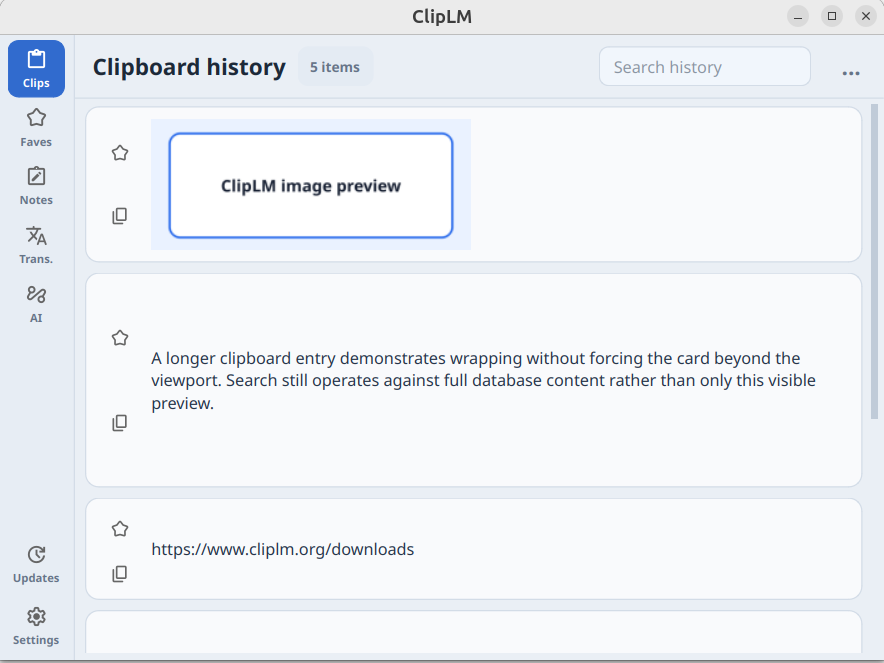 ClipLM searchable clipboard history