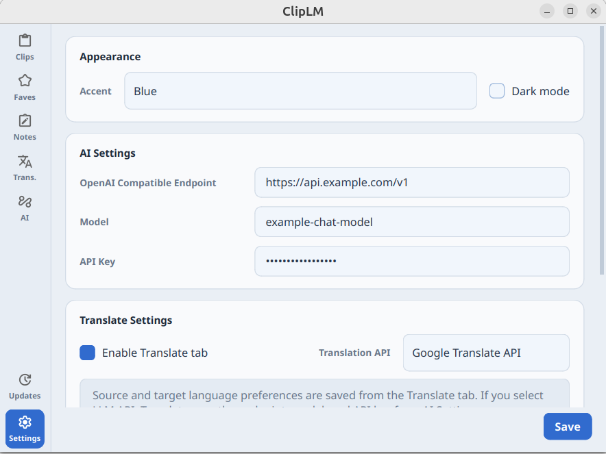 ClipLM appearance and provider settings
