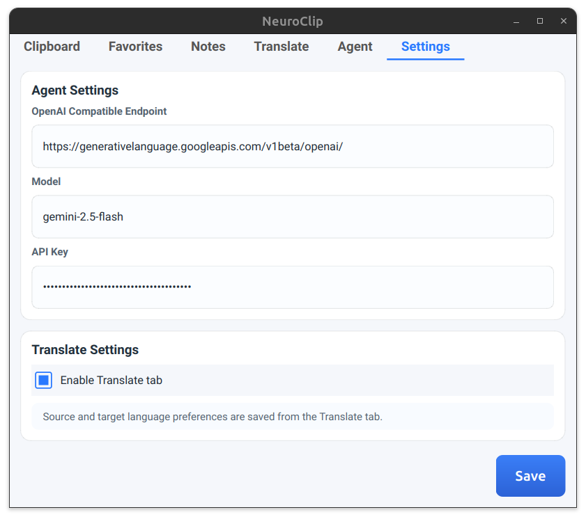 ClipLM Settings Interface